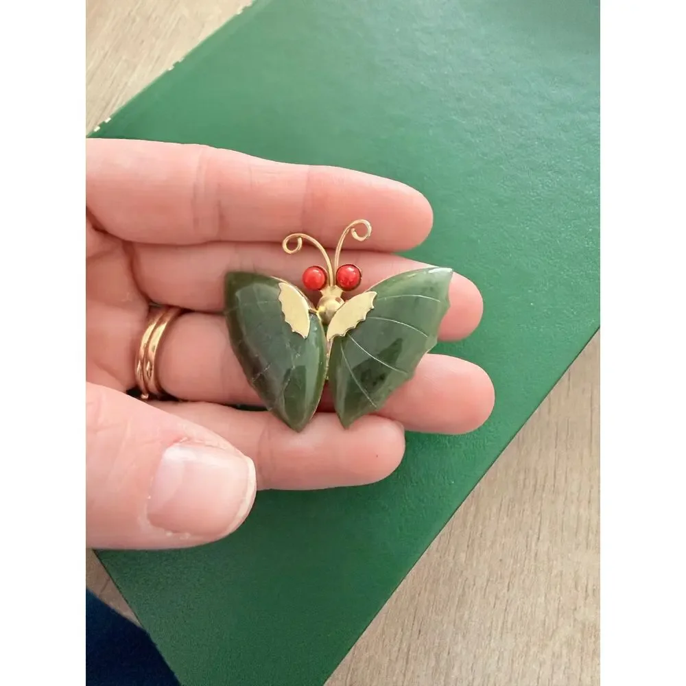 Vintage Nephrite Jade Butterfly Brooch Pendant with Red Beads & Gold Tone